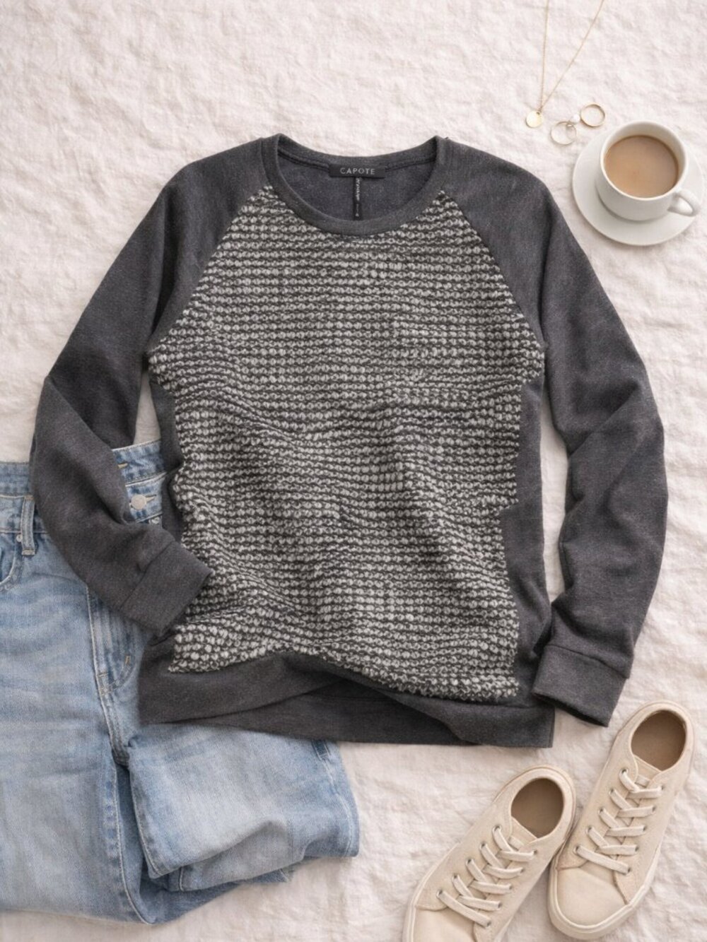 Capote Gray Textured Sweater Top Faux Fur Panel Soft Stretch Size S
